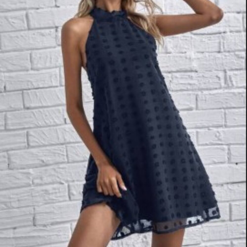 Navy Blue Sleeveless Dress – Adorable Textured Dot Detail, Size M, Free Shipping